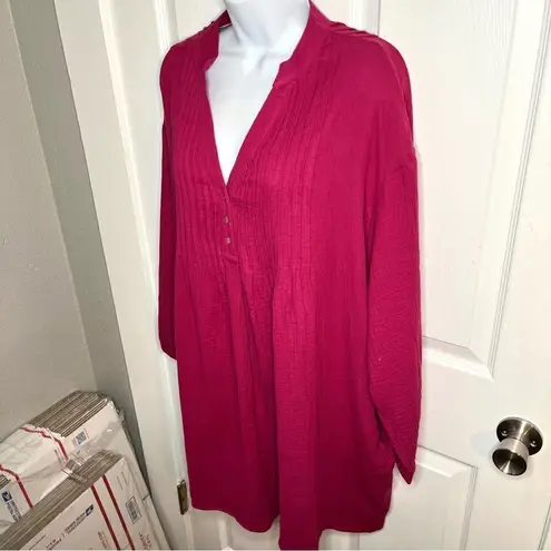 Entro  So Blissful Dark Fuchsia Cotton Gauze Dress Wide Sleeve Pockets Pink M NWT