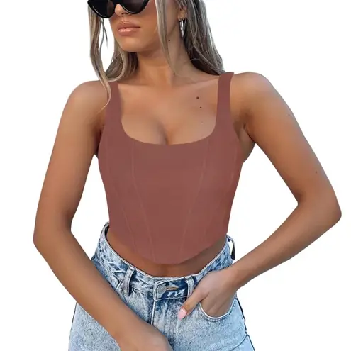 NWT REORIA Women’s Square Neck Bustier Corset Crop Tank Top Small Brown