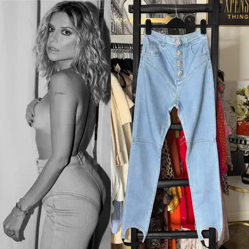 Alessandra Rich Crystal Button High Waist Stirrup Jeans Blue Size 25