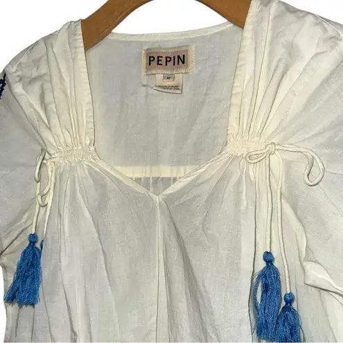Anthropologie Pepin Women’s Size M White Red Blue Embroidered Cotton V
