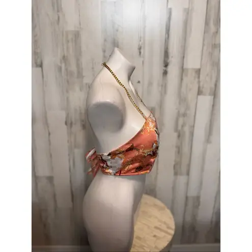 Penelope Boutique Satin Chain Halter Crop Top Pink Baroque Scarf Tie Back – Size Orange Size M