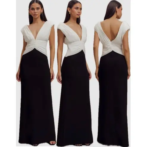 Meshki NWT Monique V-Neck Empire Waist Contrast Maxi Dress White/Black Womens XS