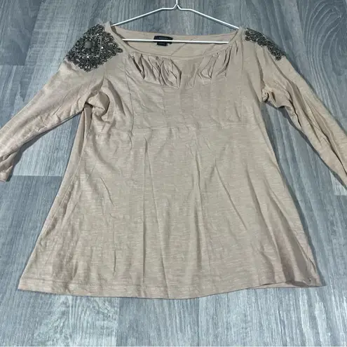 Deletta Anthropologie Tan Cream Embellished 3/4 Sleeve Blouse; small Women’s