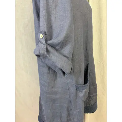 Lungo Livorno Blue Linen Oversized Pocket Tunic Top Easy Coastal Minimalist L Size L