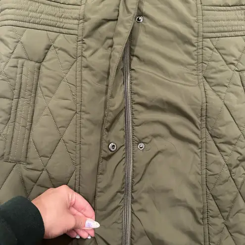 prAna Olive Green Quilted Winter Coat Knit Collar Women's Size Large Zip Buttons