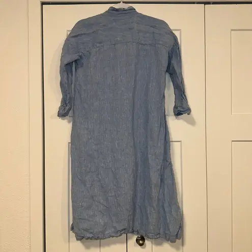 Pure Jill Linen Dress Women XS Button Down Roll Tab Sleeve Pockets Blue Casual