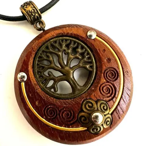 Wood tree of life pendant necklace on cord