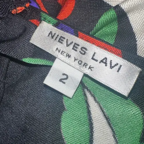 Nieves Lavi New York Floral Print 100% Silk Dress Short Sleeve Black Size 2