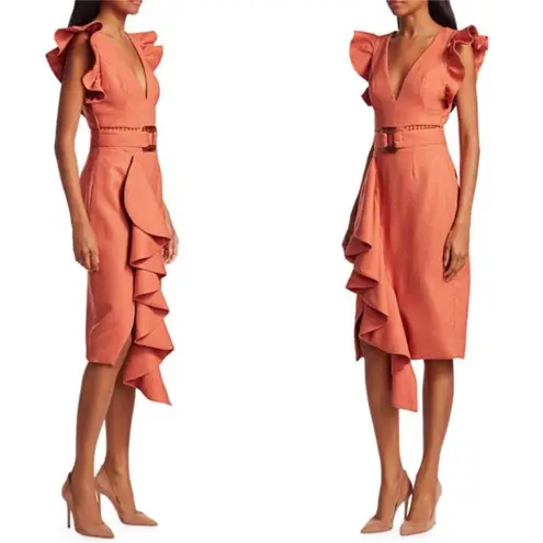 PatBO Belted Ruffle Asymmetrical Midi Dress PLEASE READ Orange Size 6