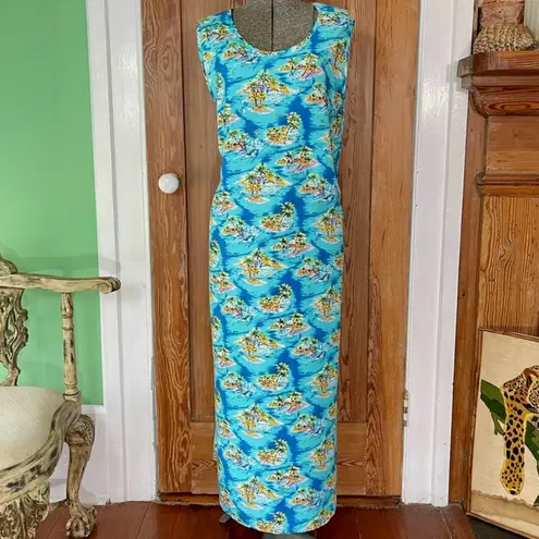 Vintage Spa Island Print Maxi Dress Sleeveless Tiki Resort Size Large 🍄 Blue