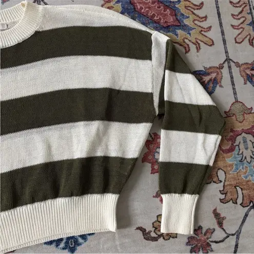 Madewell  Loose-Knit Crewneck Sweater Cropped, Ivory & Olive Green Medium