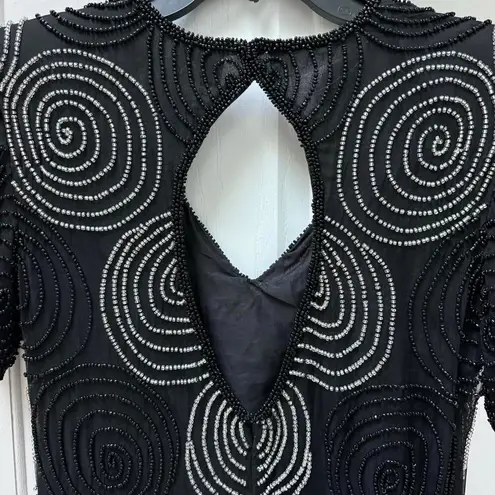 Vintage 80’s Night Vogue 100% Silk Beaded Cocktail Dress Black Silver