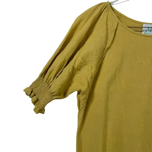 Shop The Mint Women M Yellow Boho Smocked Short Sleeve Linen Blouse Fall Layering