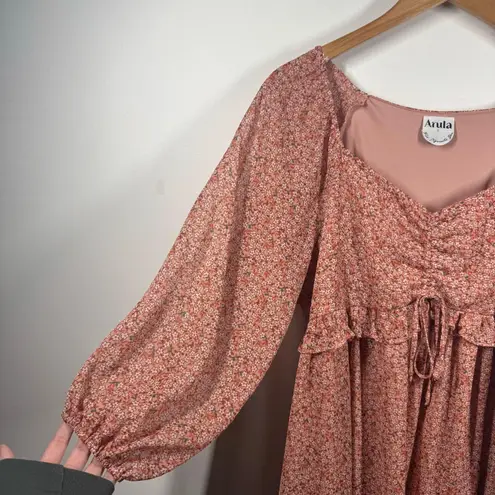 Arula Dress Women XL Pink Ditsy Floral Babydoll Mini Tie 3/4 Sleeve Cottage Boho