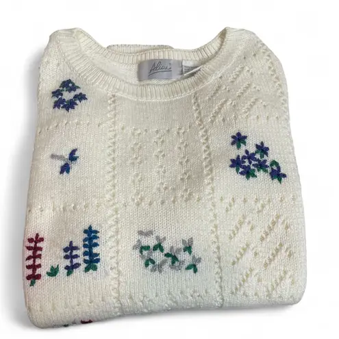 Vintage Alicia Cottagecore Floral Embroidered Ivory Knit Grandma Sweater Large White