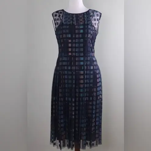 Hugo Boss Sleeveless Checkered Check Pattern Layered Sheer Bronze Blue Dress