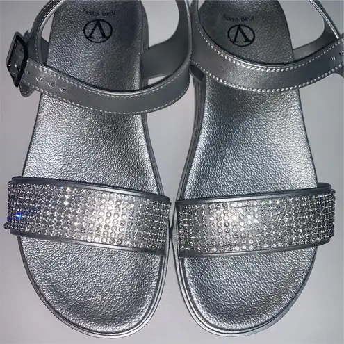 Joan Vass Joan Vass Women's Silver Strappy Sandals Size 7 Rhinestone Embellished