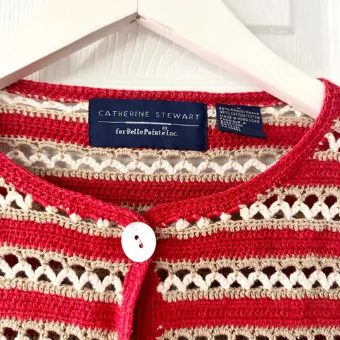 Catherine Stewart Belle Pointe Red Beige Stripe Open Hand Knit Vintage Cardigan Size M
