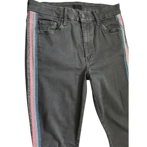 MOTHER High Waisted Looker Ankle Fray in Guilty Glitter Racer Stripe Size 29 Black