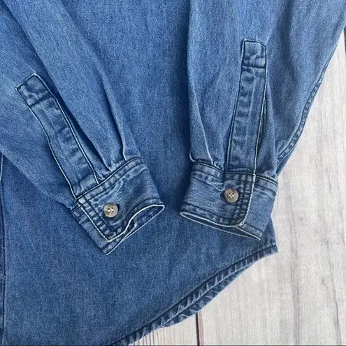 Solutions Denim Christmas Holiday Denim Button Up Shirt Embroidered Small Ugly Blue