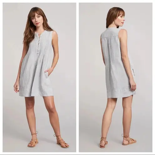 Faherty Isha 100% Linen Dress Blue Mini Stripe Pintuck WDS2119-BMT Bestseller