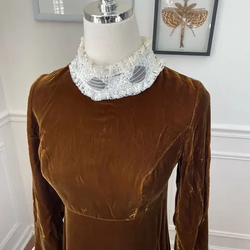 Vintage 70s Brown Velvet Maxi Dress Lace Collar Cuff XS