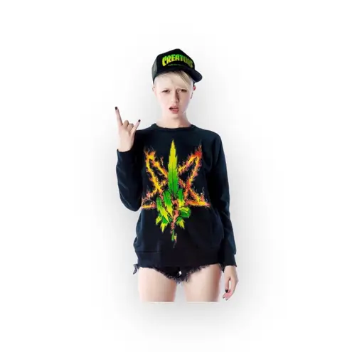 Unif HTF: new ☻ Burn Me Weed Distressed Sweatshirt ☻ Flames ☻︎ Dirty Black ☻︎ M - Image 2