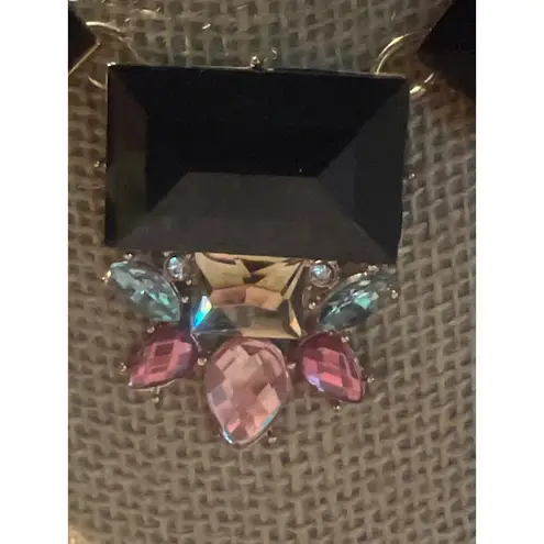 Gold Tone Cuban Flat Chain Statement Necklace Bib Rhinestone Black Pink Blue 21"