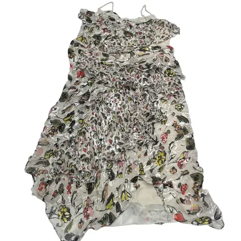 Jason Wu Dress Womens 4 Grey Painterly Cream Floral Printed Midi Tiered Silk