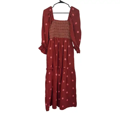 Boutique Boho Smocked Bodice Long Sleeve Maxi Dress in Rust Size Medium Orange