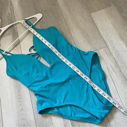 Becca Deep V Tie Up Back One Piece Swimsuit Blue (Medium) beach summer colorful