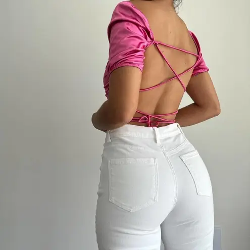 Popular 21 NEW Hot pink metallic barbie lace up crop top