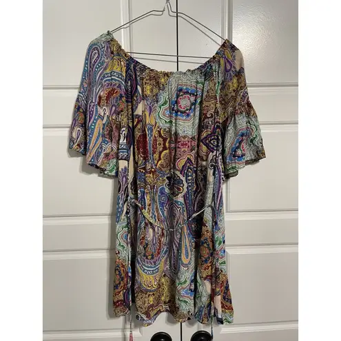 Umgee  Paisley Print Dress Off Shoulder Short Sleeve Bohemian Style Small‎