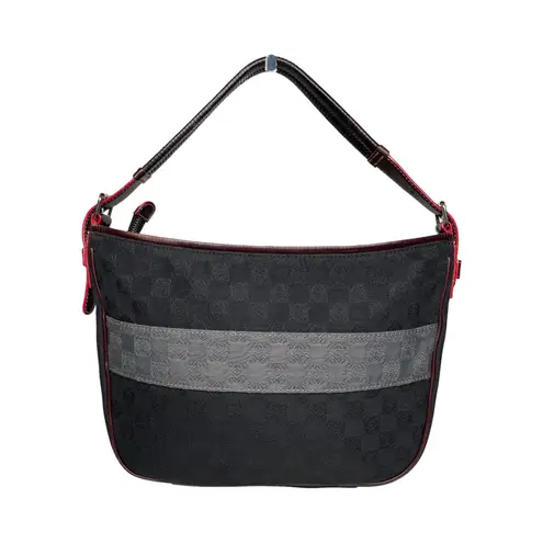 Loewe Jacquard Logo Shoulder Bag Black Gray Leather Trim Red Edge