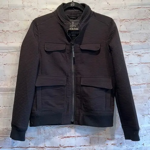 prAna Minx Bomber Jacket S pockets black textured stretchy warm mock collar zip