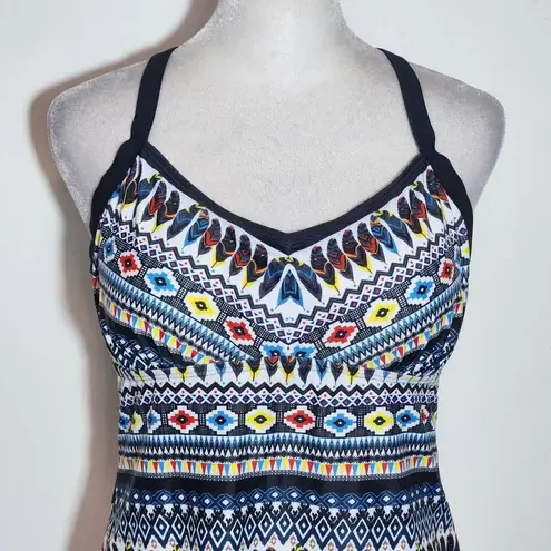 Yonique Feather Print Boho Tankini Top NWT Size Medium Aztec Print Tankini Blue