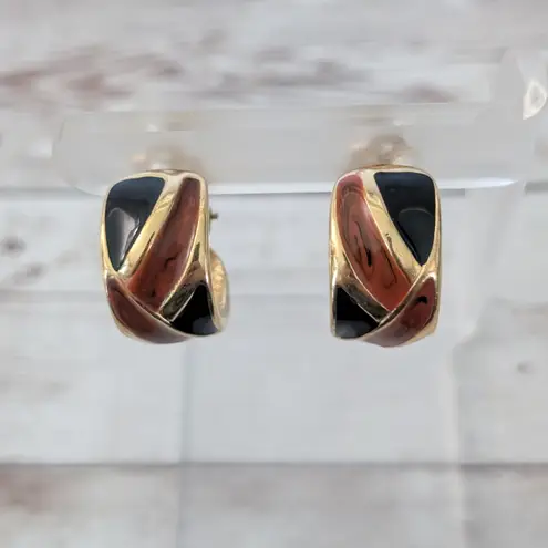 Vintage Clip On Earrings Statement Retro Large Hoops Burgundy, Black Gold Tone