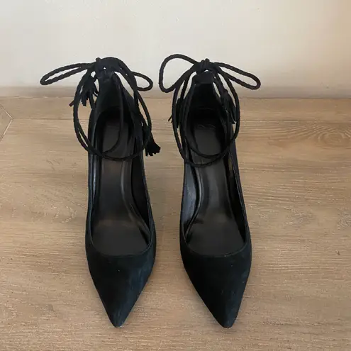 Joie black suede ankle tie pointed toe heels