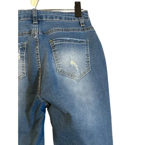 Blue Denim Lightly Ripped Raw Hem Denim Jeans Classic Casual Women Sz S