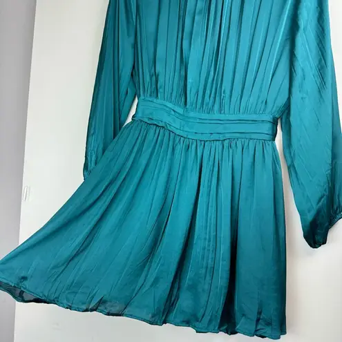 ZARA NWT  Satin Effect Mini Dress Sz Small Teal Blue Pleated Tie Back