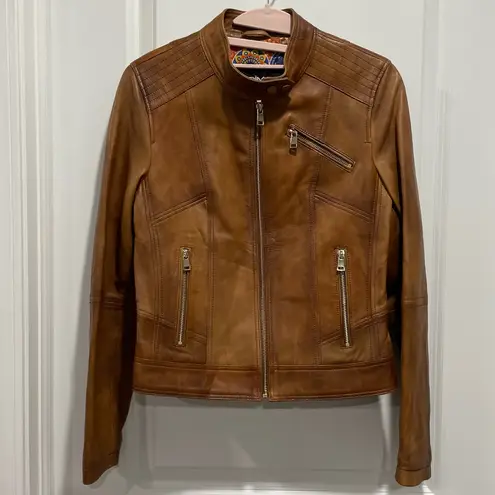 Rare Derimod Expo Kylie Mandala Mosaic Boho Leather Jacket in Camel Size Small Brown