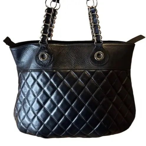 CLAUDIA FIRENZE Black Diamond Leather Cowhide Dual Handle Italy Zip Closure EUC