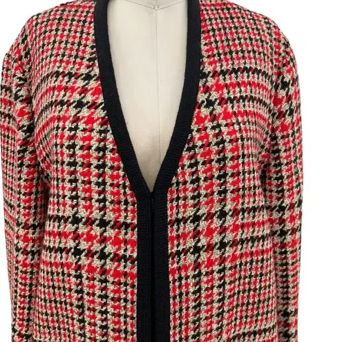 Brooks Brothers Wool Blend Tartan Cardigan Tunic Blazer Red Black Plaid Size 14