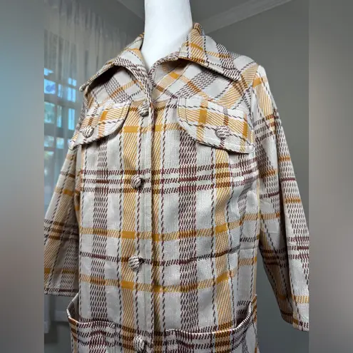 Vintage ‘70s Handmade Beige, Gold & Brown Plaid Button Front Lightweight Jacket Size XL