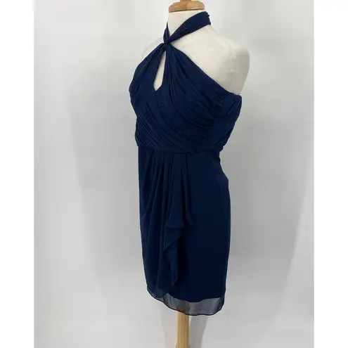 Badgley Mischka Dress Pleated Y Neck Halter Drape Front Mini Navy Blue Womens 4