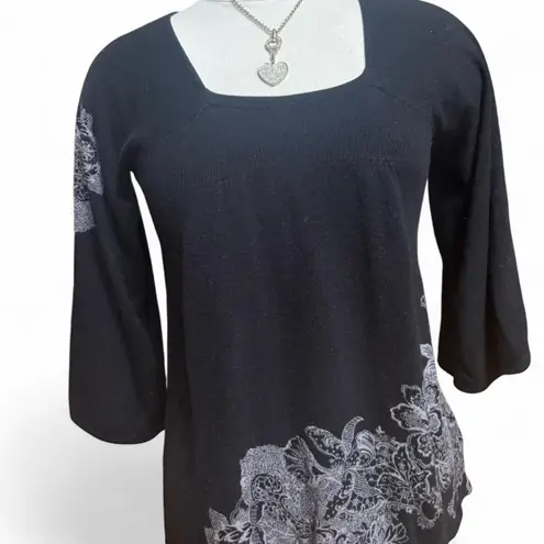 Y2K Black Whimsigoth Rhinestone Embellished Sweater with Square Neckline Size M