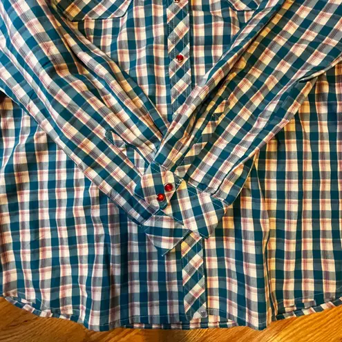 Bit & Bridle Teal Plaid Western Shirt Pearl Snap Pearl Snap Pockets Women XL