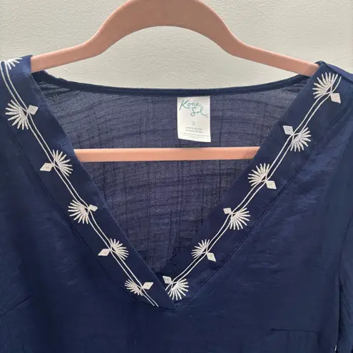 Kona Sol Blue Tunic Swim Cover-Up with White Embroidery