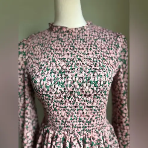 Pink and green smocked long sleeve floral mini dress small boho cottagecore y2k
