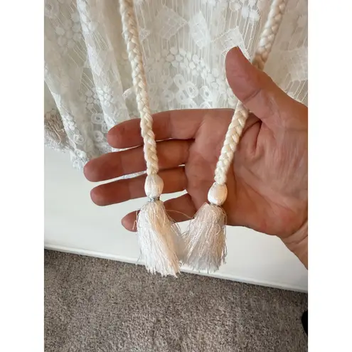 Amiani Lace Tunic Top Womens EG Large White Sheer Boho Chic Beach Tassel Fringe